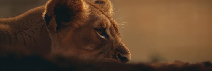 Close-up of a lioness in golden hour light at african savannah, intense gaze of a lioness is captured as she rests in the warm glow of the setting sun