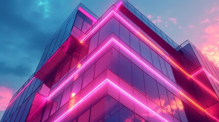 Neon lights illuminating a modern building facade under construction, showcasing geometric patterns - obrazy, fototapety, plakaty