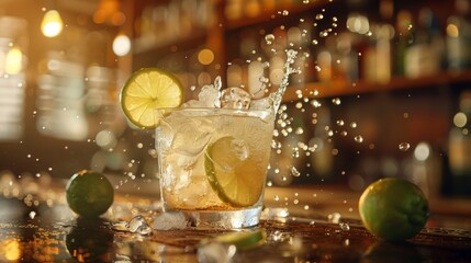 Pouring a classic Gin Rickey, lime twist falling into the glass, 1920s bar counter, ambient warm light