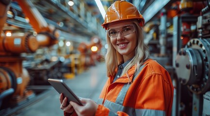 Female engineer in orange hi-vis gear and helmet holding a tablet at an industrial facility.