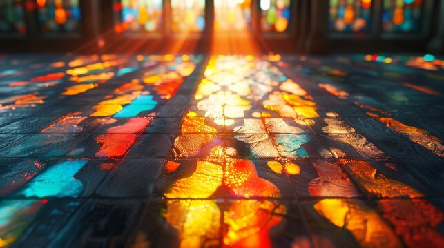Gothic Cathedral Mystery   Stained glass casting colorful shadows on an ancient stone floor
