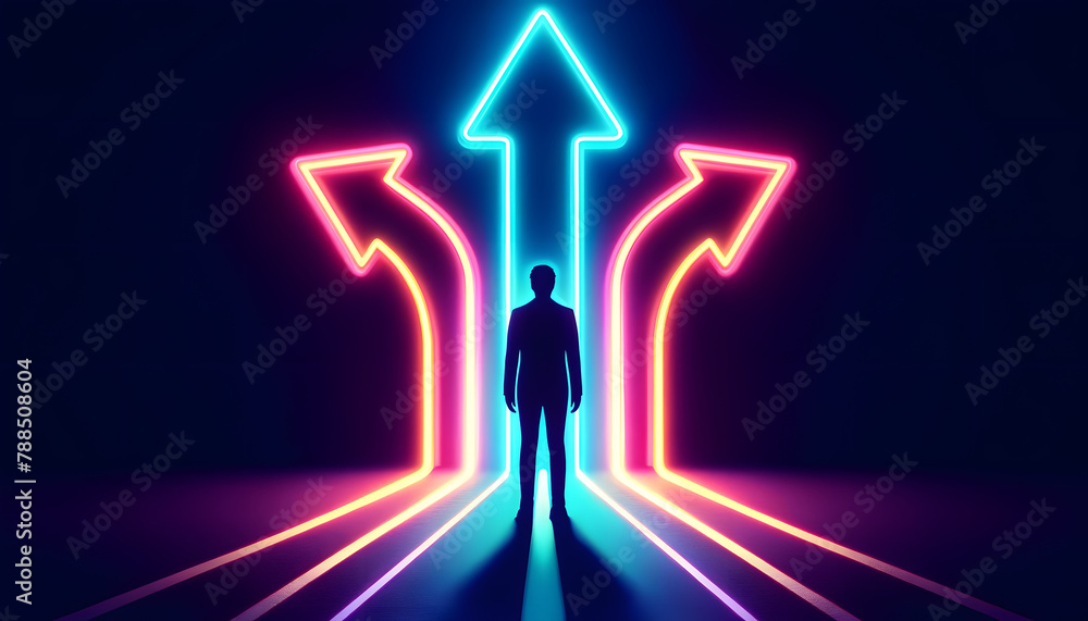 Poster silhouette of a person at a crossroads, highlighted by neon lights. the composition includes vibrant