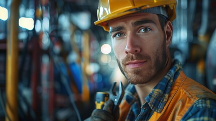 Electrician holding tools, confident smirk, under the glow of a bright LED work light, close up