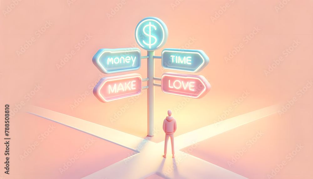 Poster silhouette of a person at a crossroads, highlighted by neon lights. the composition includes vibrant