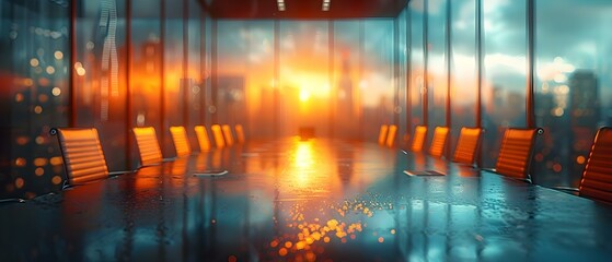 Sunset Strategy Session - A Boardroom's Tranquil Twilight. Concept Business Planning, Sunset Meeting, Strategy Session