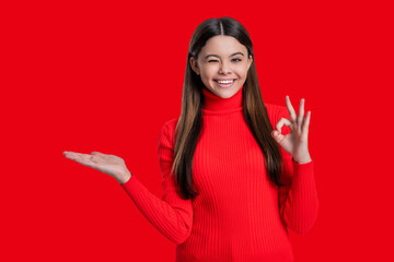 Style for girl. Presenting product with ok. Face portrait of teen girl isolated on red. Teen girl looking at camera. Casual style. Stylish girl has long hair. Teen monochrome fashion style - 788508848