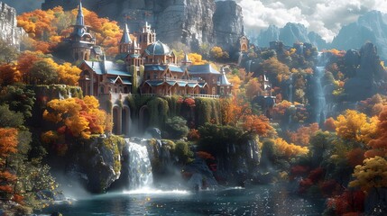 Majestic Autumn Fairytale Castle Nestled in Enchanted Mountain Landscape with Cascading Waterfall and Serene River
