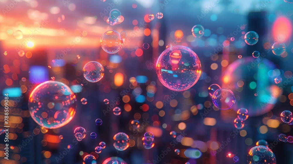 Poster vibrant array of translucent bubbles over a neon cityscape, glowing softly to create a dreamy nightt