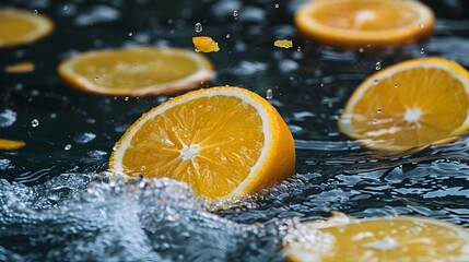 Refreshing Splash of Juicy Orange Slices in Crystal Clear Water