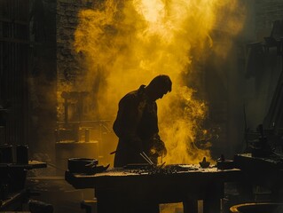A blacksmith forging a sword in a smoky workshop