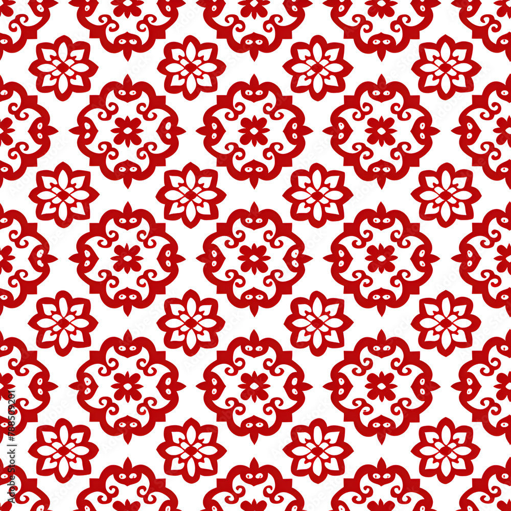 Aufkleber a red and white patterned background with flowers and leaves. the flowers are in various sizes and s