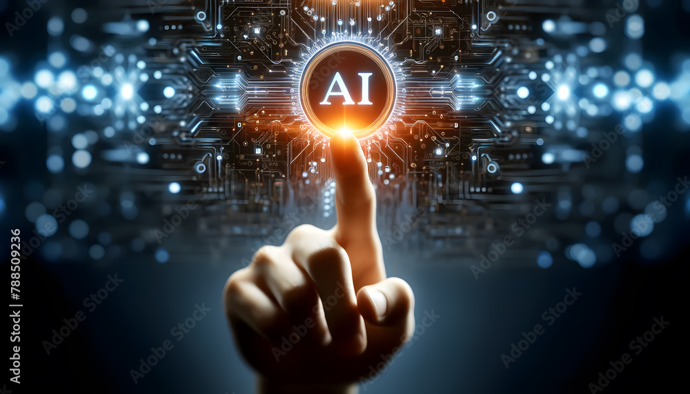 Poster close-up view of a person's finger pointing towards a glowing 'ai' symbol integrated into a complex,