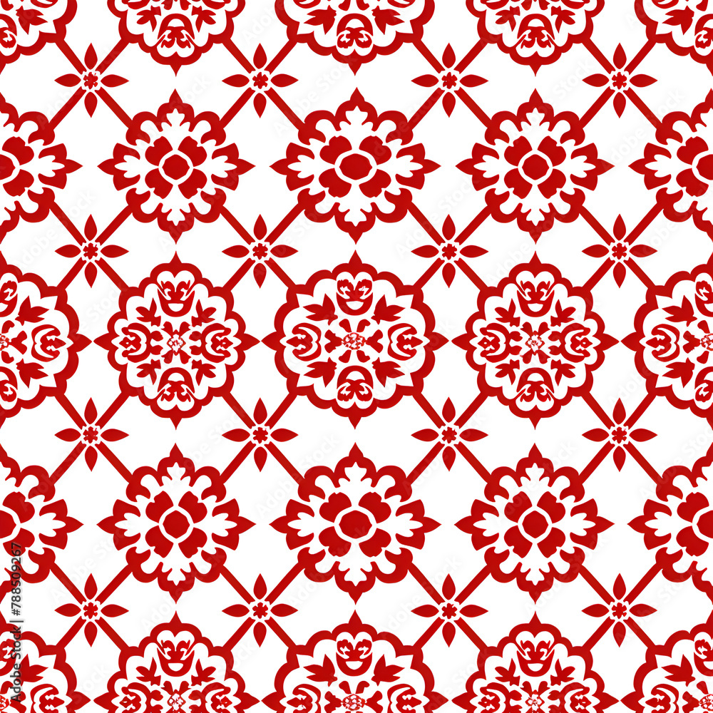Aufkleber a red and white patterned background with flowers and leaves. the flowers are in various sizes and s