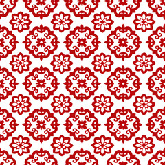 A red and white patterned background with flowers and leaves. The flowers are in various sizes and shapes, and the leaves are also of different sizes and shapes. Scene is one of elegance.Generative AI
