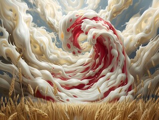 Surreal Spiral Vortex in Ethereal Wheat Field Landscape - obrazy, fototapety, plakaty
