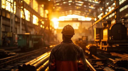 Factory worker standing by machinery, soft backlight creating a halo effect on metal surfaces