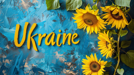 .Text Ukraine on a blue background with sunflowers.