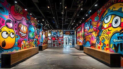 Vibrant Cartoon Creatures Adorning Colorful Graffiti-Inspired Mural in Modern Art Exhibition