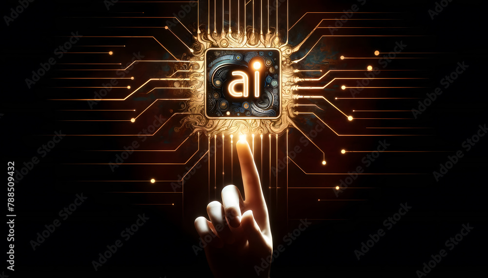 Poster close-up view of a person's finger pointing towards a glowing 'ai' symbol integrated into a complex,