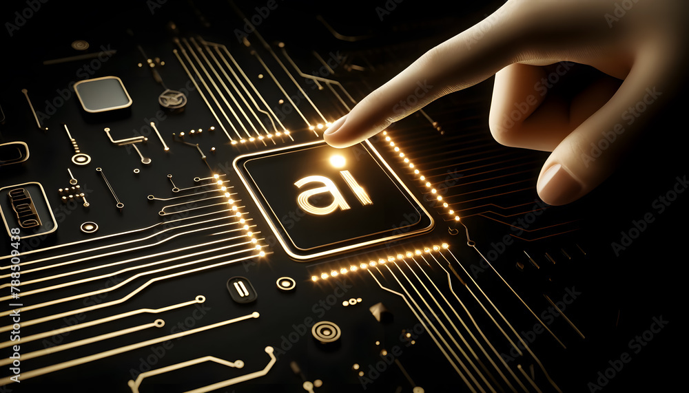 Poster close-up view of a person's finger pointing towards a glowing 'ai' symbol integrated into a complex,
