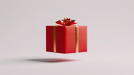 Obraz premium A vibrant red gift box adorned with a stylish gold satin bow gracefully floats in the air against a pristine white backdrop embodying the spirit of festive occasions like Christmas New Year