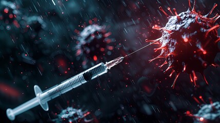 Syringe approaching a virus structure, depicting the concept of vaccination and medical intervention. Ideal for use in discussions on public health, vaccine development, and pandemic response strategi - obrazy, fototapety, plakaty