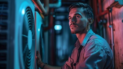 HVAC technician by an air conditioner unit, flashlight highlighting strong posture and assured expression