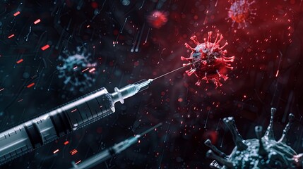 Syringe targeting a virus particle, vaccine and immunization concept. 3D illustration with dynamic particles and bokeh effect.