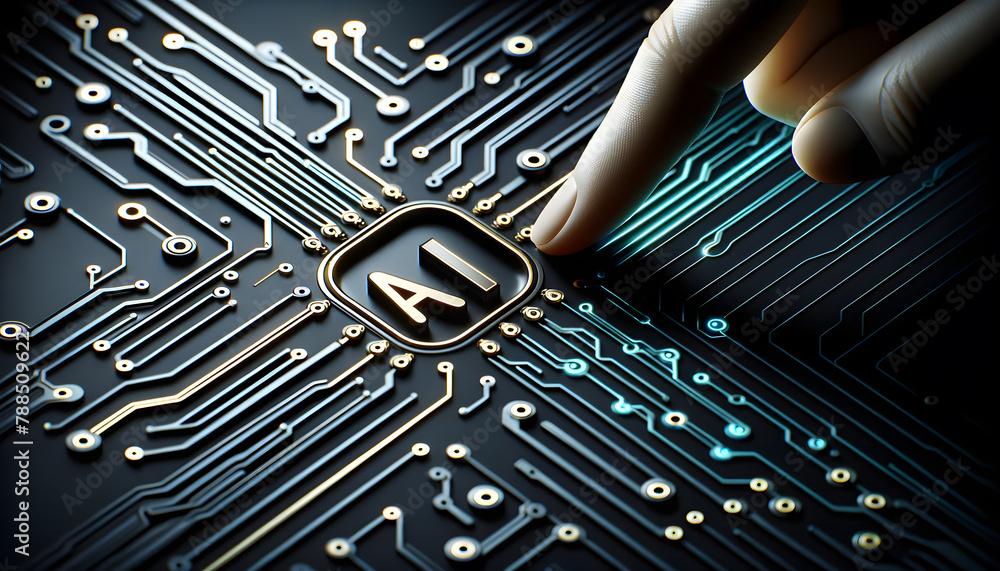 Poster close-up view of a person's finger pointing towards a glowing 'ai' symbol integrated into a complex,