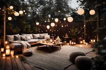 a tranquil patio with a wooden deck, soft rugs, and lanterns, creating a peaceful haven that embodies the essence of Scandinavian hygge.