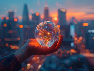 Hand holding a glowing orb symbolizing stock market trends, blurred city skyline at dusk, warm hues - obrazy, fototapety, plakaty