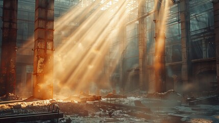 Beam of sunlight cutting through a dusty construction site, highlighting the sharp angles of steel beams