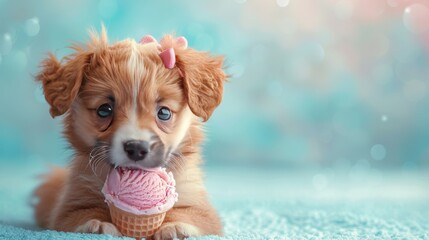 Playful puppy in vector style, wearing a tiny bow and licking a giant ice cream, soft gradients and clear edges - obrazy, fototapety, plakaty