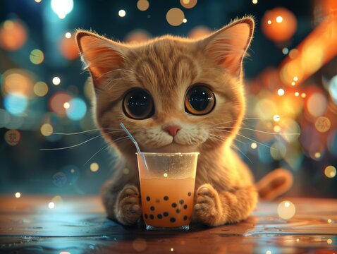 Curious cat with wide eyes drinking bubble tea, whimsical stars and moon decals behind, night theme