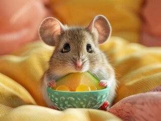 Tiny mouse with big eyes enjoying a sip of melon bubble tea, sitting on a colorful cushion, cozy vibes