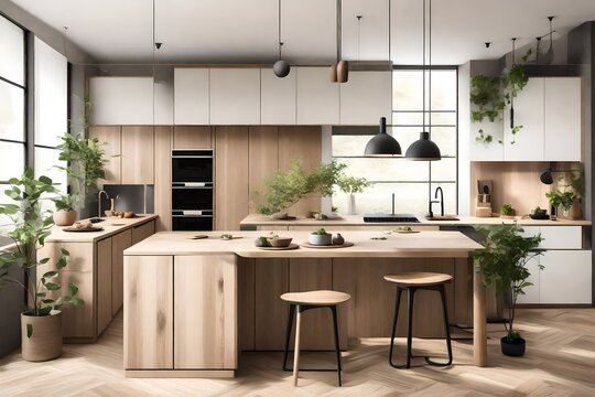 a Japandi-inspired kitchen with sleek surfaces, muted colors, and a touch of greenery, blending functionality with tranquility.