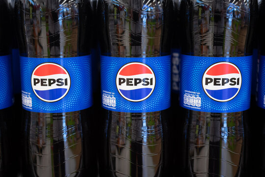 Closeup of Pepsi labels on bottles on March 5, 2024, in Bangkok, Thailand.