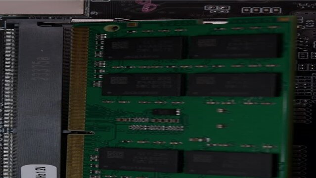 RAM DDR4 Sodimm Installation in PC with Connector on Motherboard Background. High quality photo