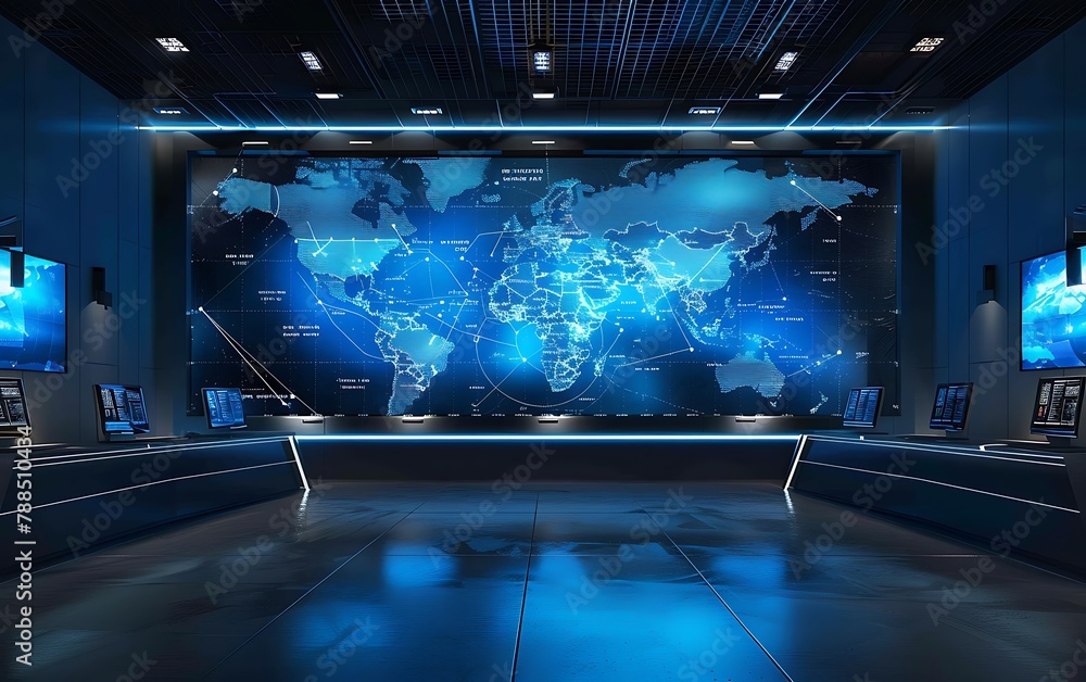 Aufkleber futuristic newsroom, showcasing a large digital world map display as a central feature.