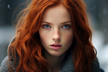 Naklejka premium Jubilant Hot redhead woman smile. Long hair. Generate Ai
