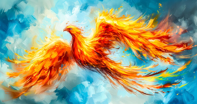 abstract painting of a burning phoenix bird flying in a blue sky full of clouds. abstract background. Phoenix fire wallpaper