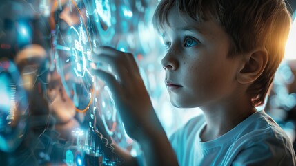 Curious child exploring interactive digital display with awe and concentration in futuristic setting