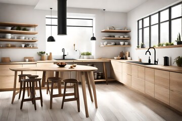 a minimalist kitchen space with wooden accents, where simplicity and functionality converge in a hygge-inspired setting.