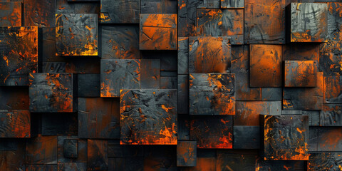 Dark abstract metal blocks with orange rust textures background, dark gold orange square block wall background