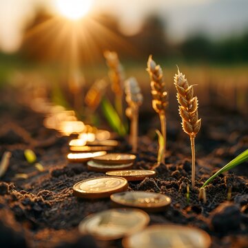 Coins Sprouting from Fertile Soil in a Sunlit Agricultural Field