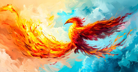 abstract painting of a burning phoenix bird flying in a blue sky full of clouds. abstract background. Phoenix fire wallpaper