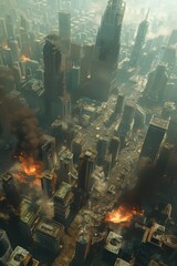 A photo of a destroyed city with fire and smoke everywhere. - obrazy, fototapety, plakaty