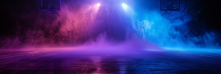empty dark stage with blue pink spotlights , fog and smoke in the air, for opera performance. Stage lighting. Empty stage with bright colors backdrop decoration. Entertainment. empty theater stage	 - obrazy, fototapety, plakaty