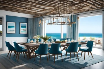 a coastal-inspired dining room with driftwood accents, oceanic hues, and breezy fabrics, creating a seaside haven for shared moments.