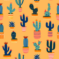 Seamless flat illustration of set of colorful cactus on colorful background, Generative AI